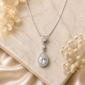 Vintage Clear Teardrop Necklace Sterling Overlay Made with Swarovski Crystal